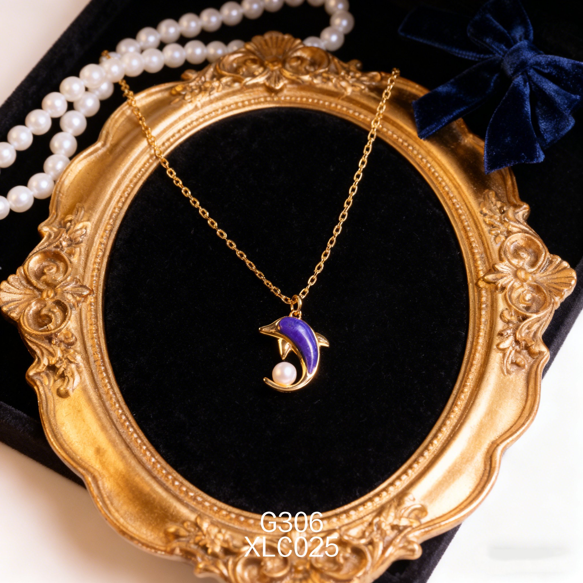 电镀黄金 Akoya 5055mm 珍珠青金小海豚项链