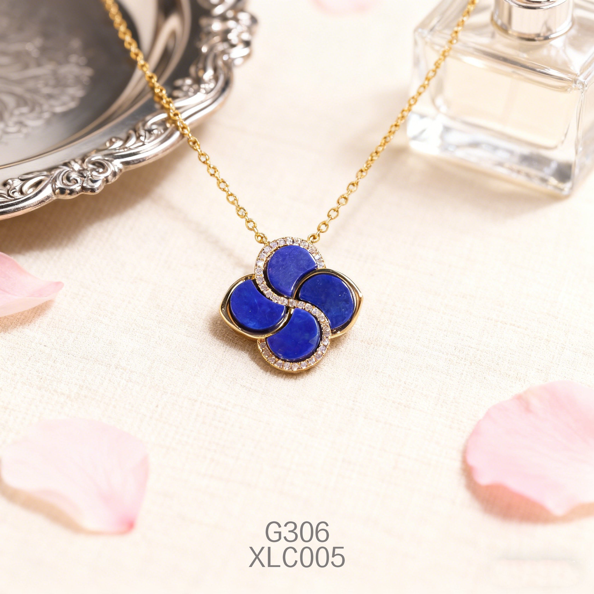 電鍍黃金鋯石四葉草青金項鍊