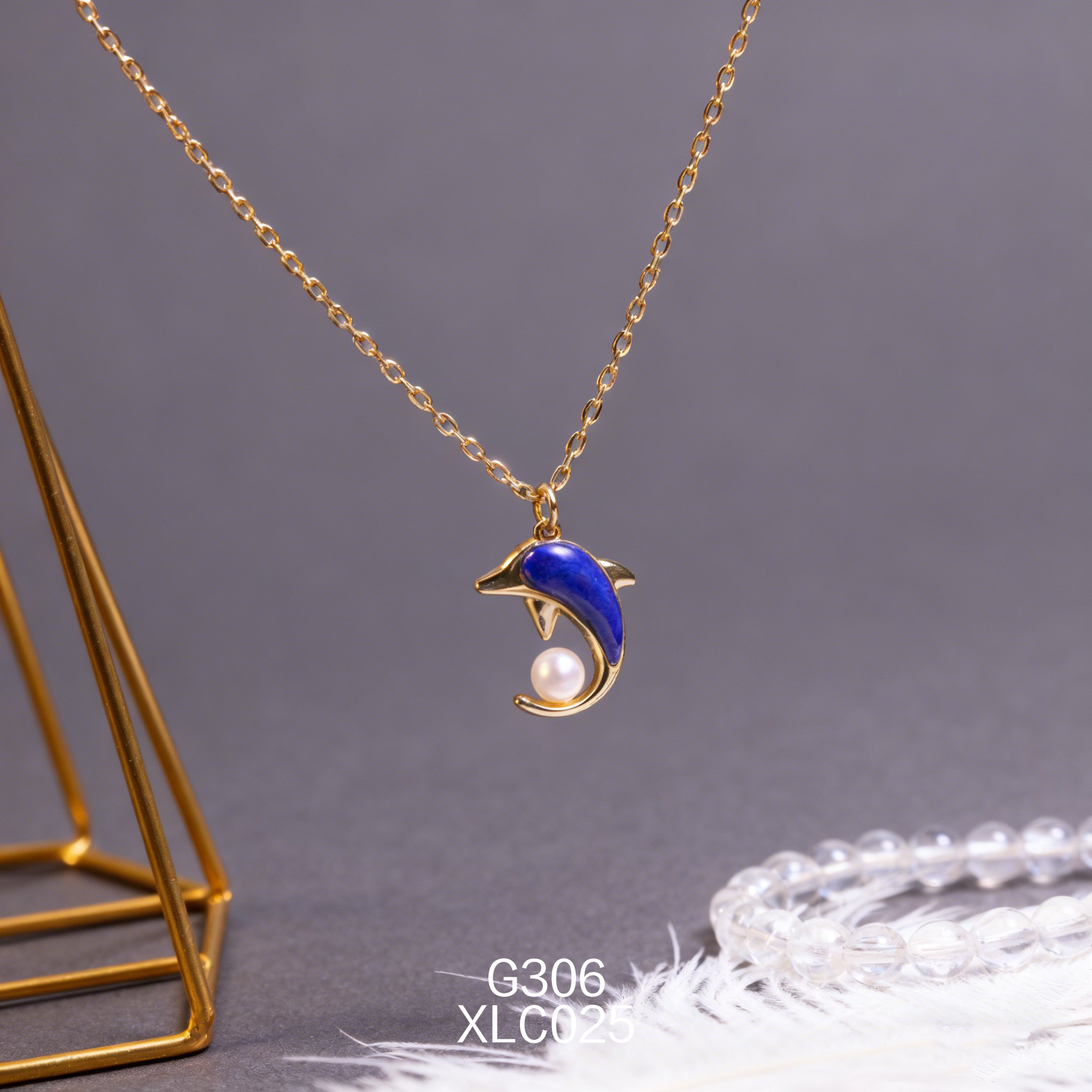 電鍍黃金 Akoya 5055mm 珍珠青金小海豚項鍊