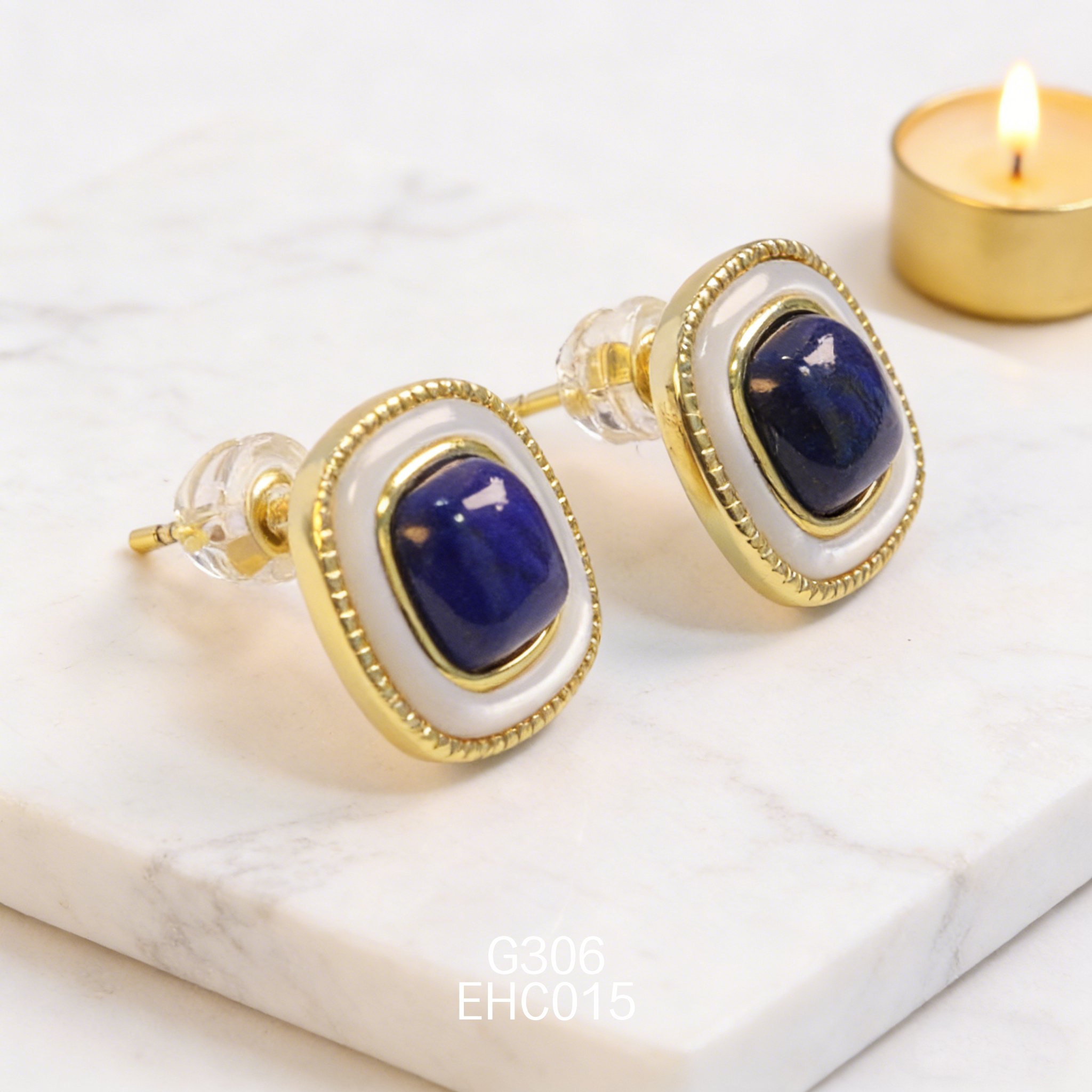 電鍍黃金青金白貝方糖耳環