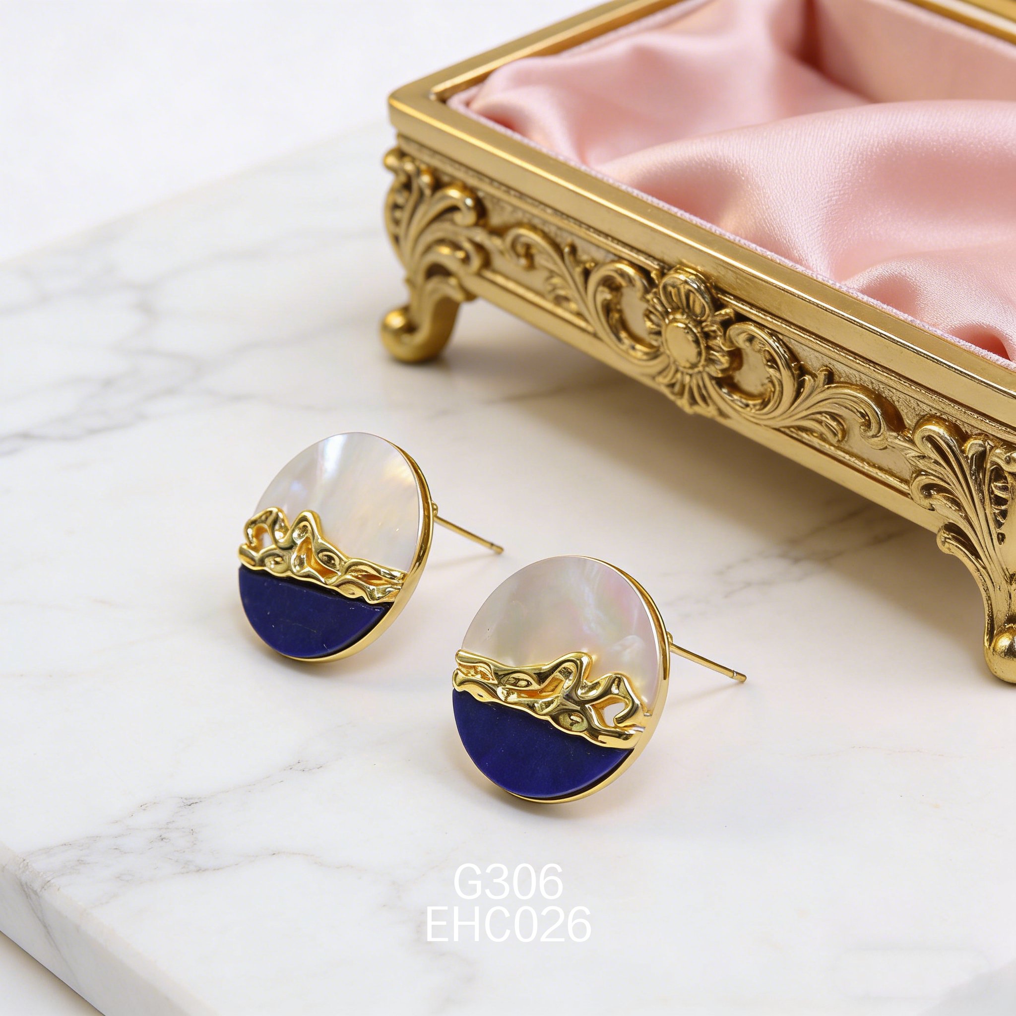 電鍍黃金白貝青金石小眾高級耳環