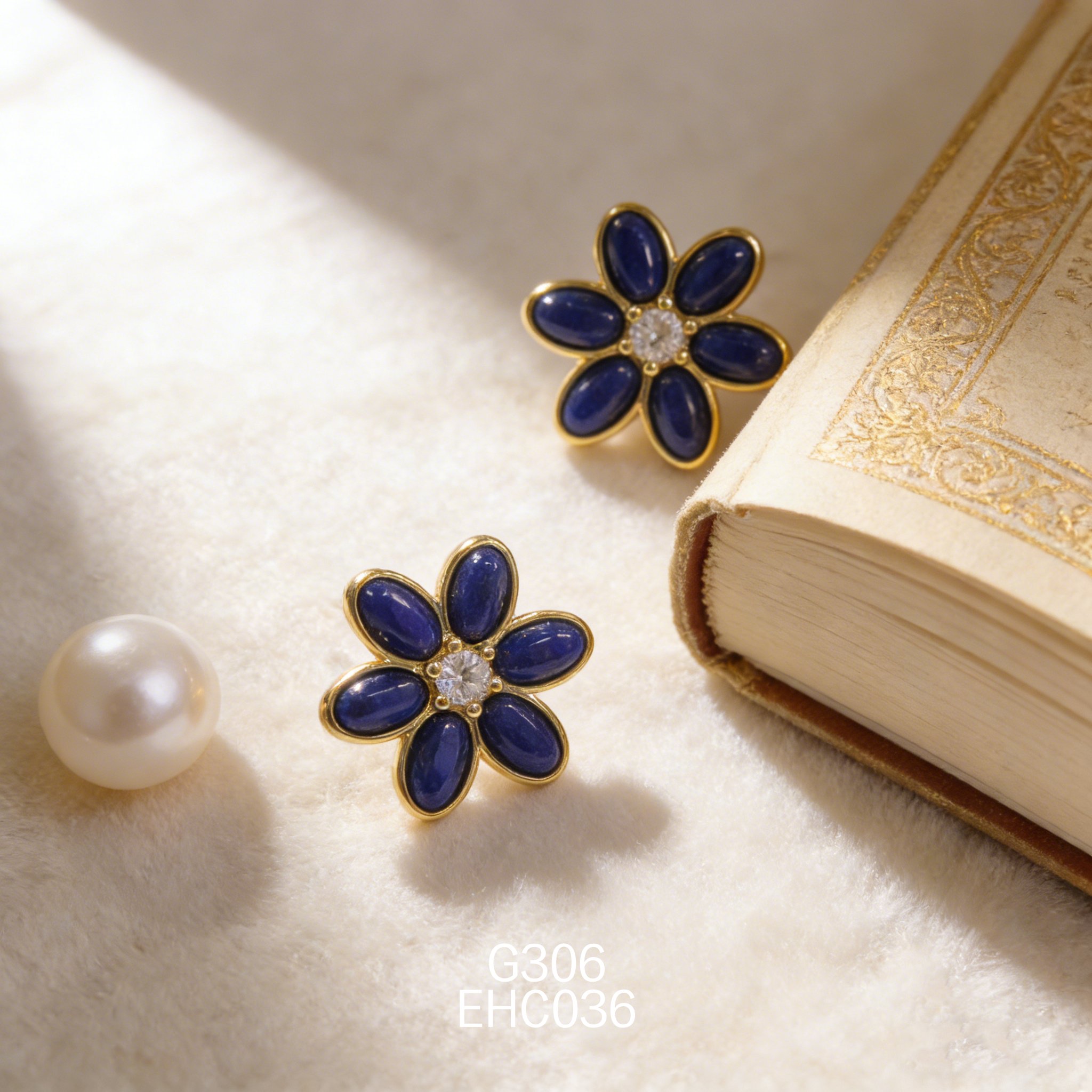 电镀黄金锆石花朵青金耳环