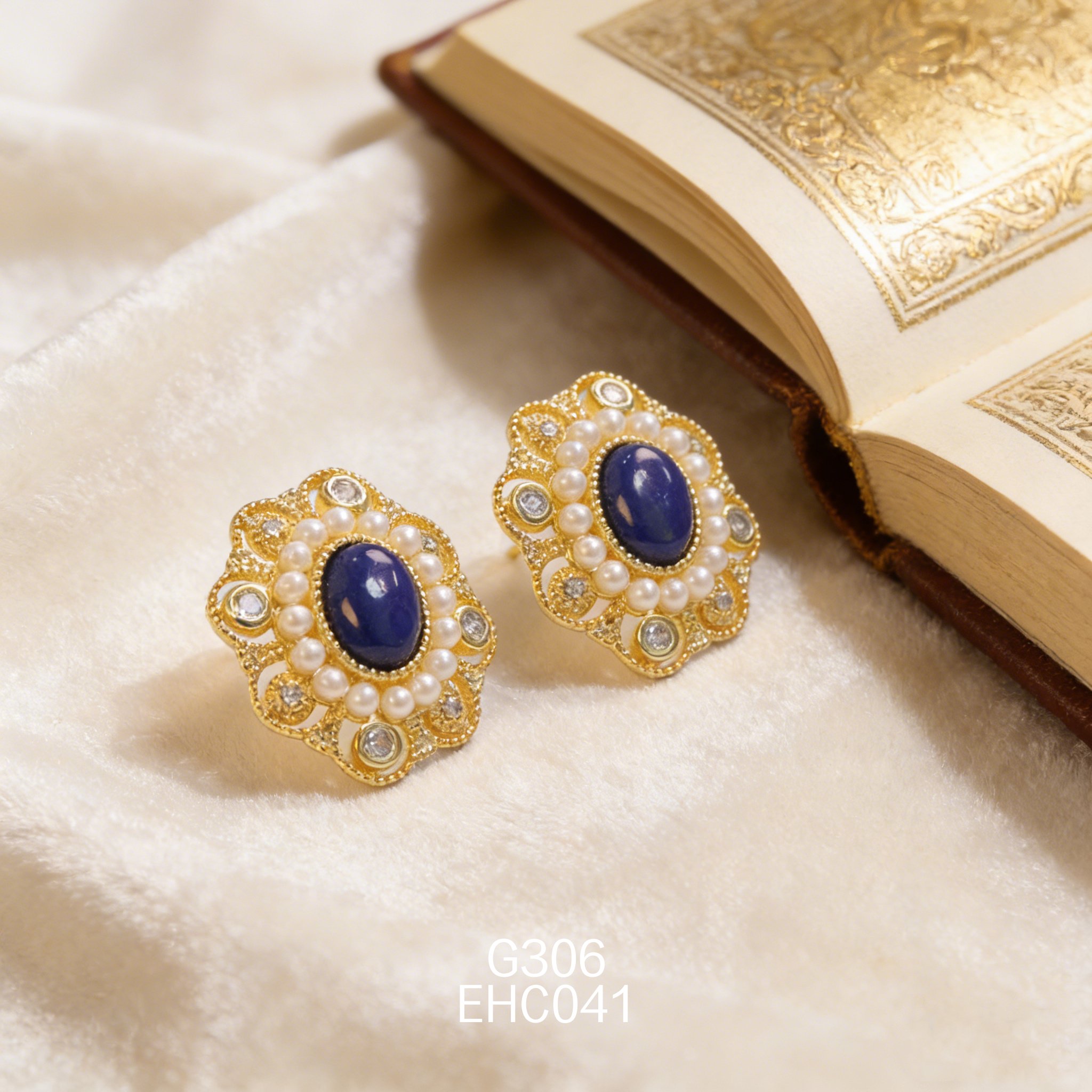 电镀黄金 6 x 8mm 青金耳环