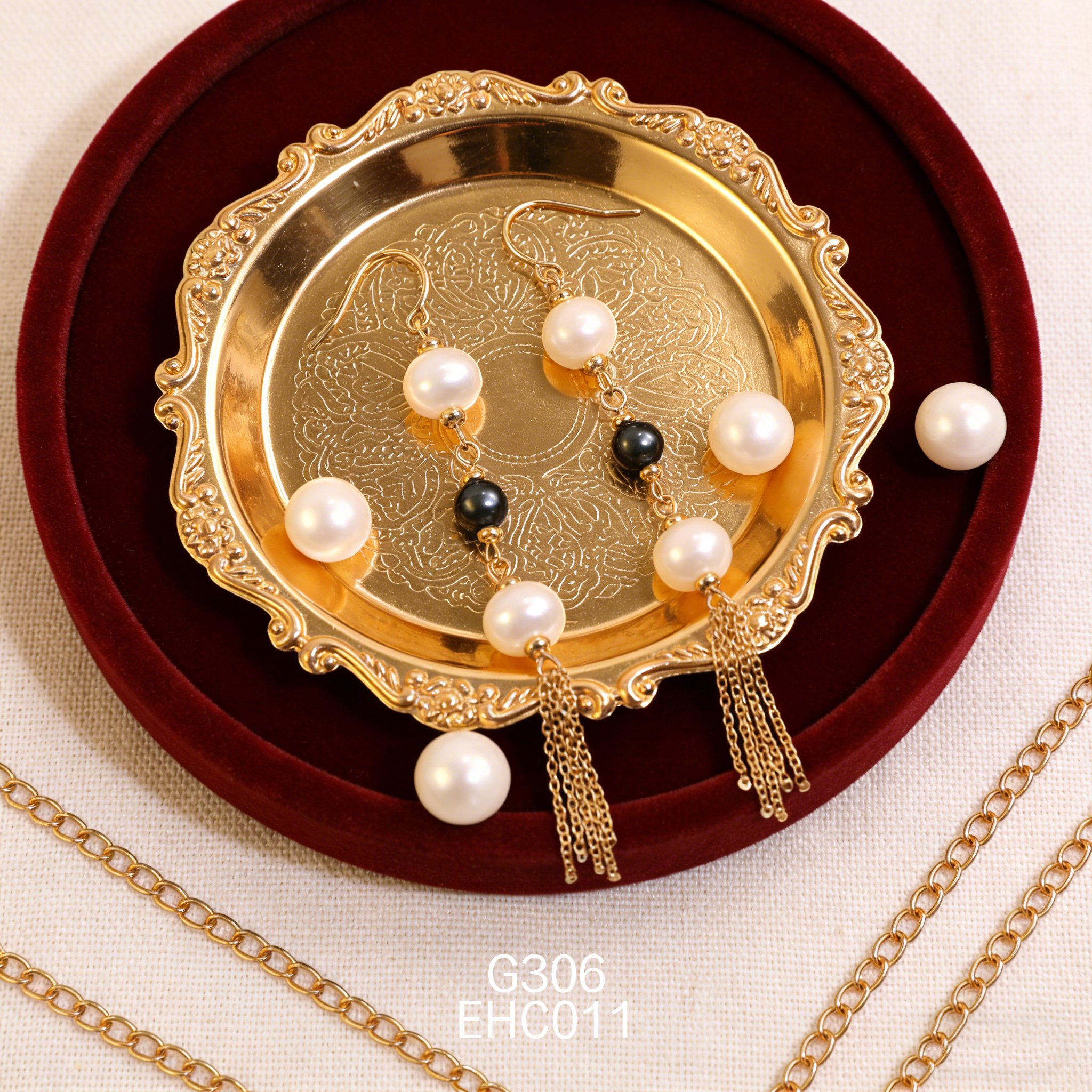 電鍍黃金黑白珍珠耳環