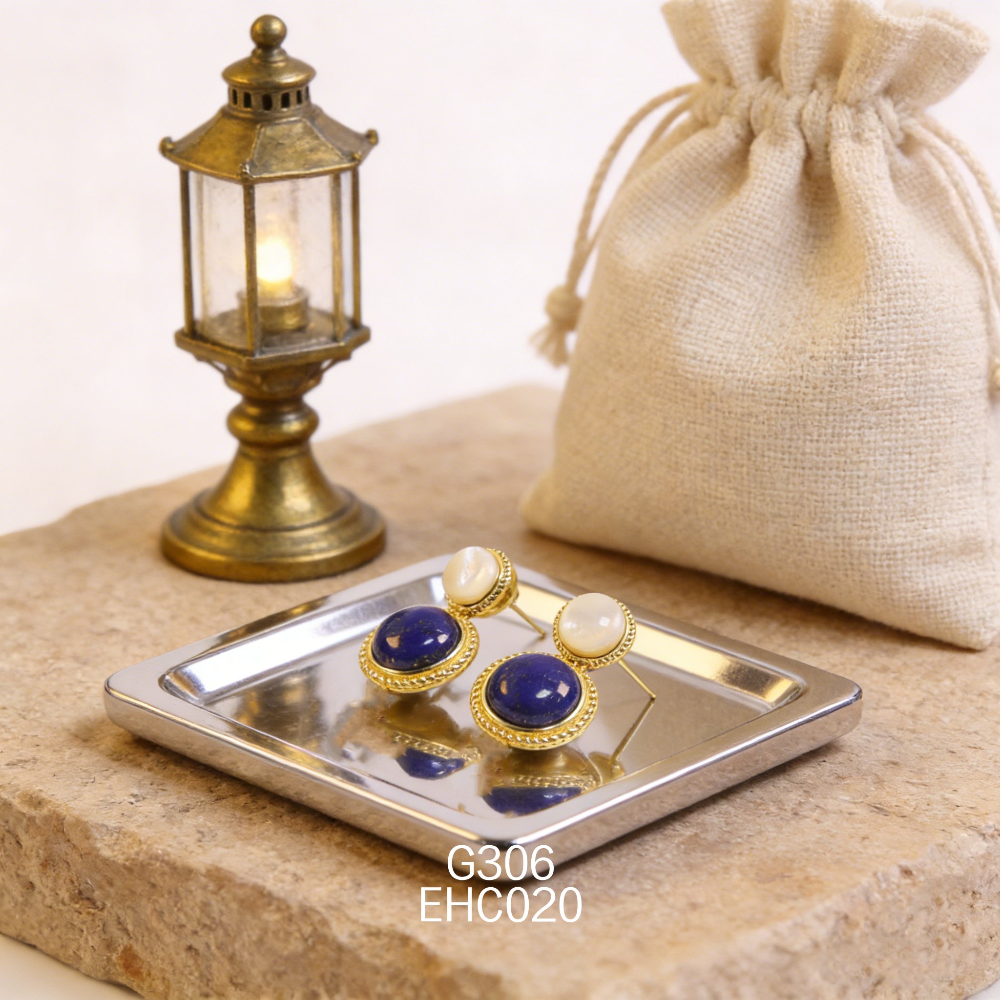 電鍍黃金 7.5 白貝 12ｘ5mm 青金耳環