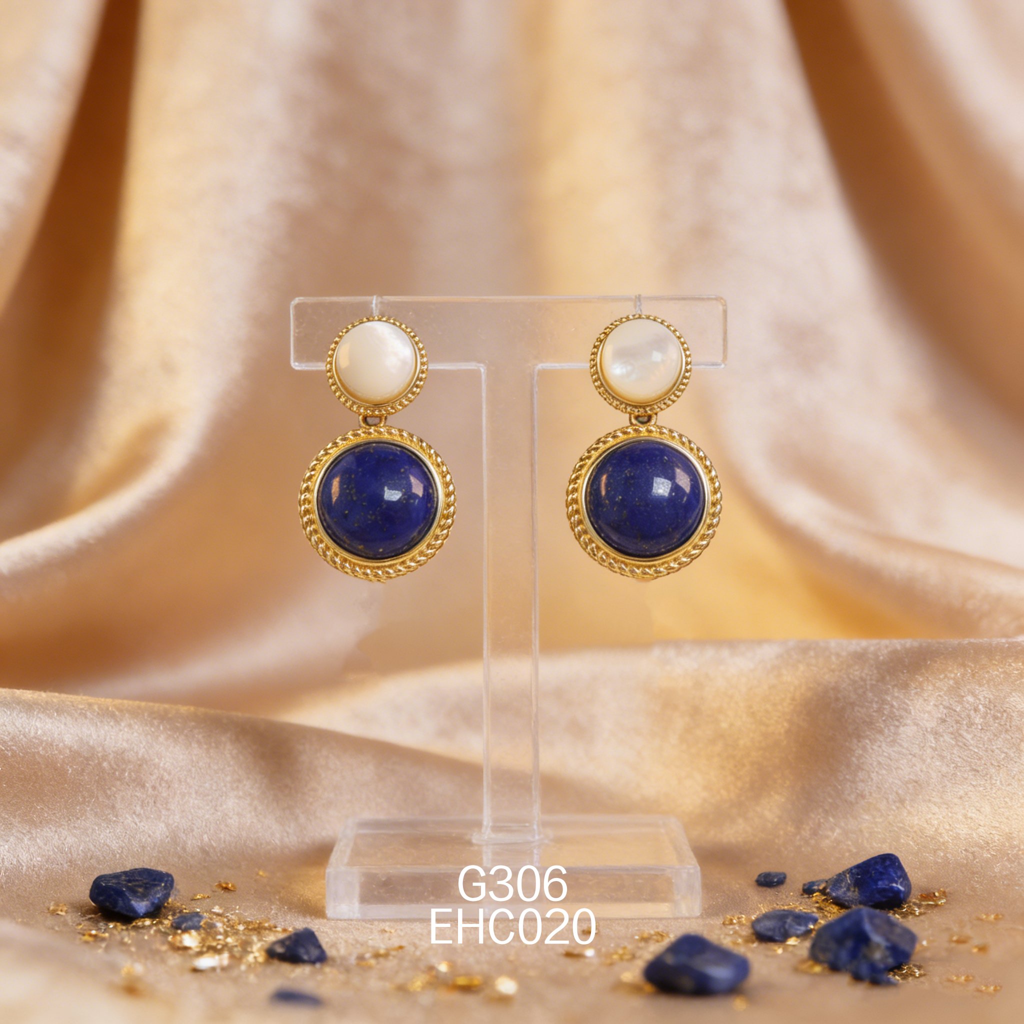 電鍍黃金 7.5 白貝 12ｘ5mm 青金耳環